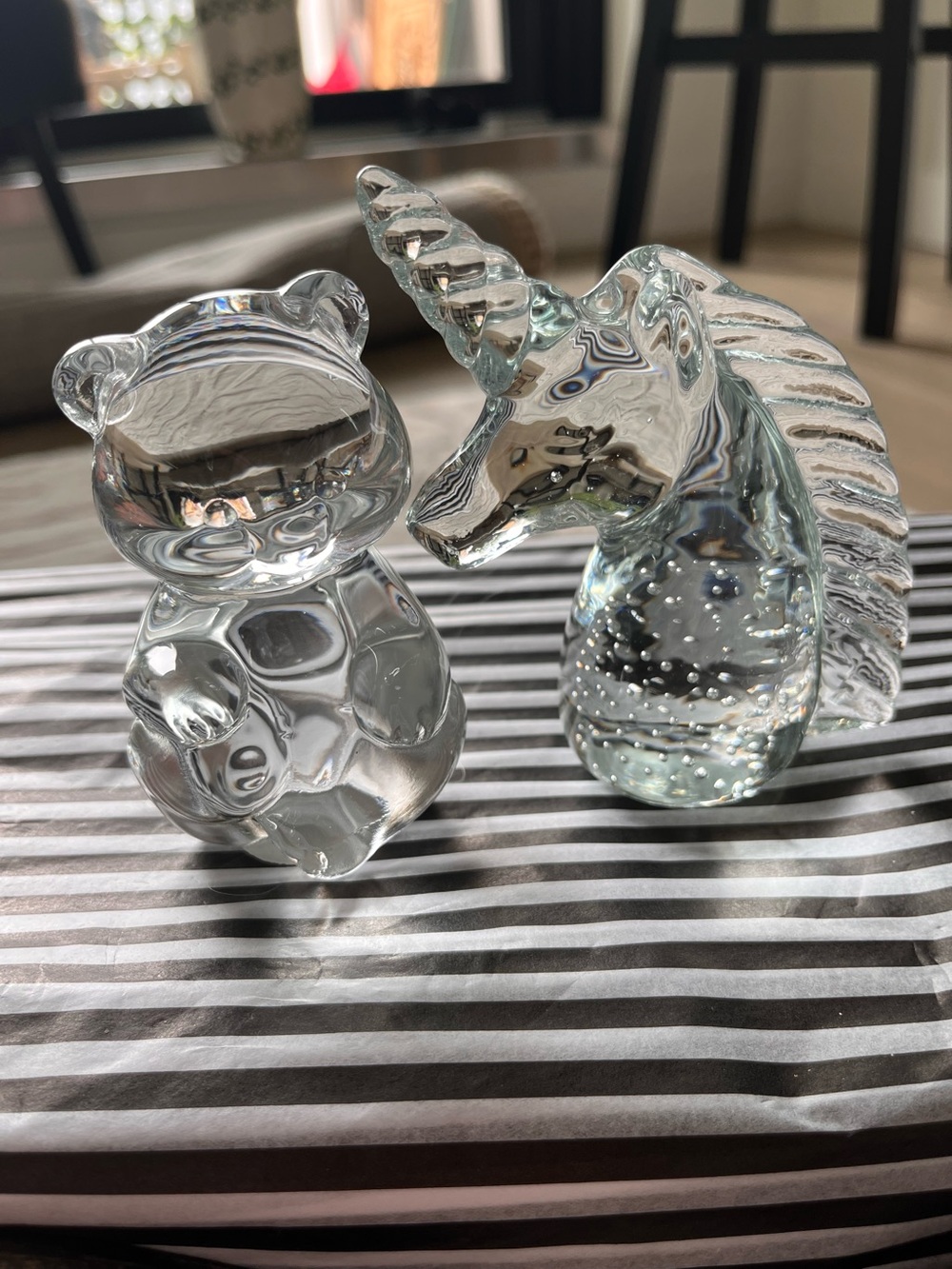 Clear Glass Bear and Unicorn Figurines